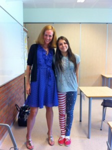 Ralls with a Norwegian student named Maria who dressed up in stars and stripes for her visit.